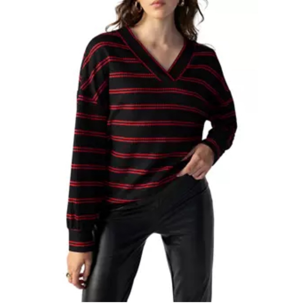 Sanctuary Black and Red V-Neck Waffle Knit Long Sleeve Top size S, NWT